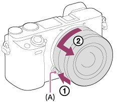 Illustration indicating the position of the lens release button and how to release the lens