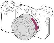 Illustration showing how to turn the lens clockwise with the camera facing toward you