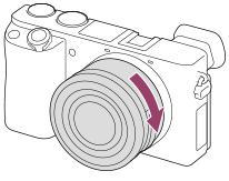 Illustration showing how to turn the lens clockwise with the camera facing toward you