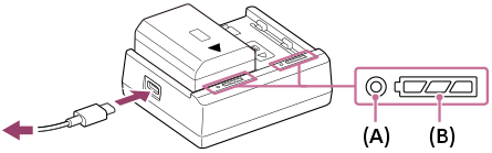 Illustration indicating the positions of the CHARGE lamp and the charging status indicator lamp