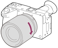 Illustration showing how to turn the lens clockwise with the camera facing toward you