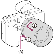 Illustration indicating the position of the lens release button and how to release the lens