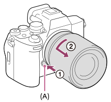 Illustration indiquant l’emplacement du bouton de déverrouillage de l’objectif et comment déverrouiller l’objectif