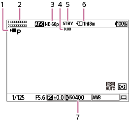 This is an illustration of the screen during movie recording. Icons numbered 1 to 6 are displayed at the top of the screen, from left to right. Icon numbered 7 is displayed at the bottom of the screen.