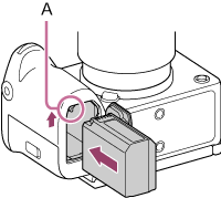 Illustration indicating lock lever position and orientation to insert battery