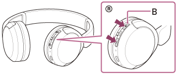 Illustration indiquant l’emplacement du point tactile (B) sur la touche volume + de l’unité droite