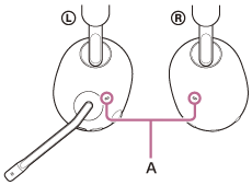 Kuva, joka osoittaa oikean ja vasemman vastamelumikrofonin (A) sijainnin