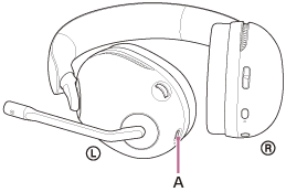 Ilustracja wskazująca lokalizację gniazda USB Type-C (A) na lewej słuchawce