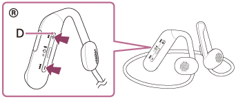 Illustration indicating the location of the tactile dot (D) on the volume + button on the remote control component on the right side