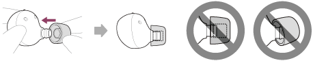 Ilustración del montaje del saliente de la unidad de auriculares en el orificio del adaptador para fijar la almohadilla para auriculares