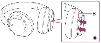 Illustration, der viser placeringen af blindfingermarkeringsknappen (B) på knappen volumen + på den højre enhed