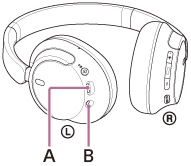 指示左耳機上USB Type-C連接埠（A）和耳機連接線輸入插孔（B）位置的插圖
