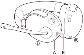 Illustratie met de locatie van de ingang voor de hoofdtelefoonkabel (A) en USB Type-C-poort (B) op het linker oorstuk