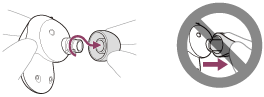 Illustration of removing the earbud tip while rotating it away from the headset unit