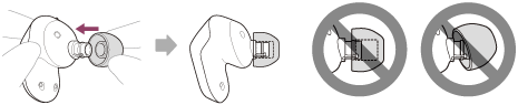 Illustrations indicating how to attach the earbud tip to the headset unit by fitting the protruding part of the headset unit into the recess in the earbud tip