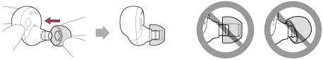 Illustration af indsættelse af fremskudt del af headsettet med ørepudens indhak for at påsætte ørepuden