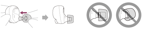 Illustration of fitting the projecting part of the headset unit with the recess of the earbud tip to attach the earbud tip