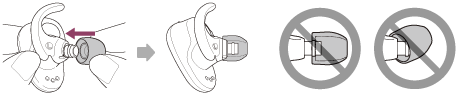 Illustration af indsættelse af fremskudt del af enheden med ørepudens indhak for at indsætte ørepuden