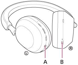 Illustrasjon som indikerer plasseringen av hodetelefonkabelens inngangskontakt (A) på venstre enhet og USB Type-C-porten (B) på høyre enhet