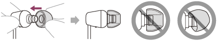 Ilustrace zarovnání vystouplé části jednotky sluchátka s otvorem na koncovce sluchátka při nasazování koncovky sluchátka