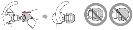 Illustration of fitting the projecting part of the unit with the recess of the earbud to attach the earbud