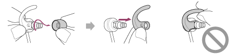 Illustration of removing the earbud while rotating it away from the unit and removing the arc supporter