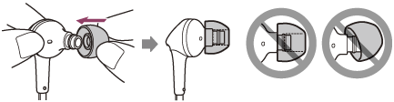 Illustration of fitting the projecting part of the unit with the recess of the earbud to attach the earbud