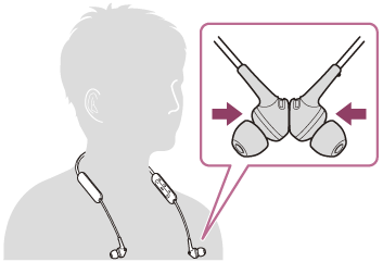 Illustratie van het dragen van de headset rond de nek en samenklikken van het linker en rechter oorstuk met de magneten