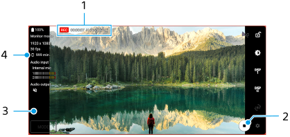 Obrázek znázorňující, kde se jednotlivé parametry nacházejí na obrazovce režimu monitoru v aplikaci Externí monitor během nahrávání. Horní oblast, 1. Pravá oblast, 2. Levá oblast zdola nahoru, 3 a 4.