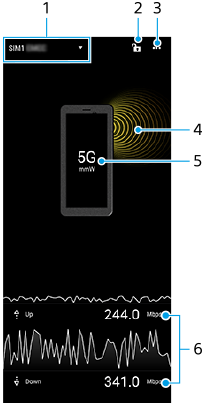 Image showing where each function is located on the Network Visualizer screen. Upper area, from left to right, 1 to 3. Center area, 4 and 5. Bottom area, 6.