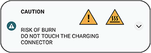 Immagine del messaggio di avvertenza. Rischio di ustione. Non toccare il connettore del caricabatterie.
