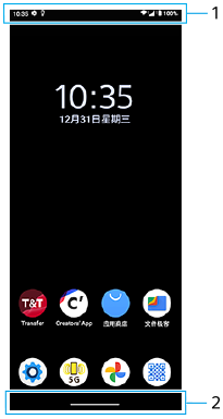 图像显示了每个功能在主屏幕上的位置。上部区域，1。底部区域，2。