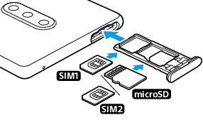 SIMカードとmicroSDカードの挿入図。 背面から見て上部左のSIMカードトレイを引き出し、メインSIMカードを下側のトレイに、もう1つのSIMカードまたはmicroSDカードを上側のトレイに配置する。
