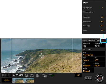 Cinema Proアプリ画面の右上のメニューアイコンをタップし、メニューを開いた画面