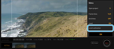 Cinema Proの設定画面右側にある、水準器の補正メニューを示した図