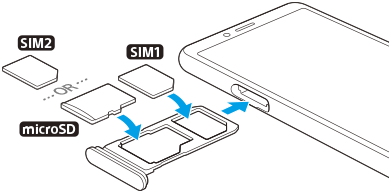 Illustration de l’insertion des cartes SIM et d’une carte mémoire dans le logement. Côté gauche dans la vue de face, placer la carte SIM principale sur le support inférieur et une carte mémoire ou une carte SIM secondaire sur le support supérieur.