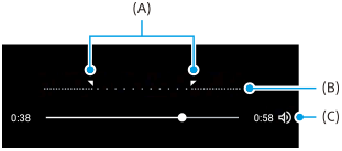 Kuva hidastustehosteen asettamisesta. Ylempi aikajana, A ja B. Alhaalla oikealla, C.