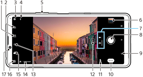 Hình ảnh hiển thị vị trí của từng chức năng được đặt trên màn hình camera trong định hướng phong cảnh. Vùng bên trái phía trên, 1 đến 4. Cạnh phía trên của thiết bị, 5. Vùng bên phải 6 đến 12. Vùng bên trái phía dưới, 13 đến 17.