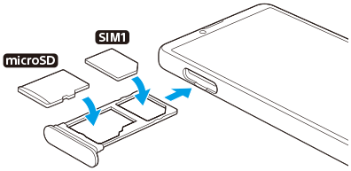 Diagram of inserting a SIM card and a memory card into the slot. Left side in front view, placing a SIM card on the far side of the tray and a memory card on the closer side of the tray.