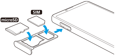 SIMカードとmicroSDカードの挿入図。正面から見て上部左のSIMカードトレイを引き出し、SIMカードをカードスロットの奥に入るトレイに、microSDカードをもう1つのトレイに配置する。