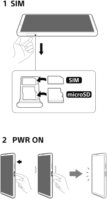 Diagrams of inserting SIM and memory cards and turning on the device.