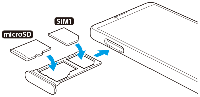 Diagrama de inserção do cartão SIM e do cartão de memória na ranhura. Lado esquerdo na vista frontal, colocando um cartão SIM no lado mais distante do tabuleiro e um cartão de memória no lado mais próximo do tabuleiro.