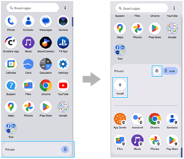 Imagen que muestra dónde puntear para desbloquear el Espacio privado en el cajón de aplicaciones e imagen que muestra el icono Ajustes y el icono Instalar en el Espacio privado