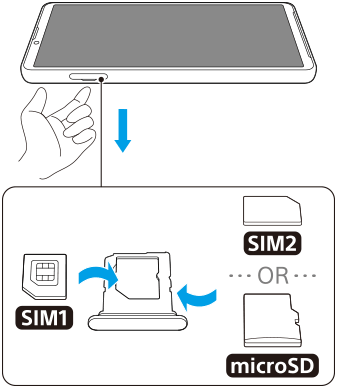 Illustration de l’installation des cartes SIM et d’une carte mémoire dans le support. Côté gauche dans la vue de face, placer la carte SIM principale sur la face avant du support et une carte mémoire ou une carte SIM secondaire sur la face arrière du support.