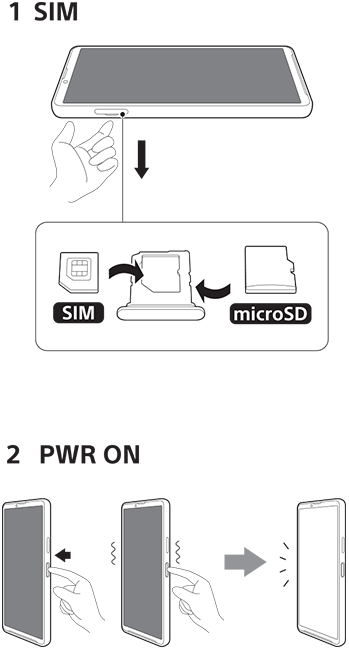 Diagrams of inserting a SIM card and a memory card and turning on the device