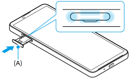 SIMカード／microSDカードトレイ挿入口の位置とカバーの四隅を示した図。