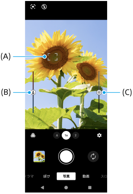 写真モードの撮影画面で、フォーカス枠A、色合いを調整するスライダーB、明るさを調整するスライダーCを示した画面。