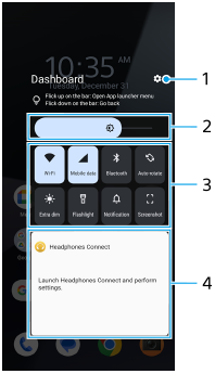 Billede, der viser, hvor hver funktion er placeret på dashboardet. Midterområde oppefra og ned, 1 til 4.