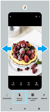 Bild, das zeigt, wo gewischt werden soll, um die App auszuwählen, die Sie im kleinen Fenster anzeigen möchten, und die Position der Popup-Fenster-Taste angibt