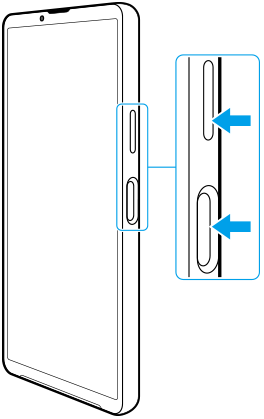 Diagrama de la vista frontal que muestra el botón de bajar volumen y el botón de encendido en el lado derecho.